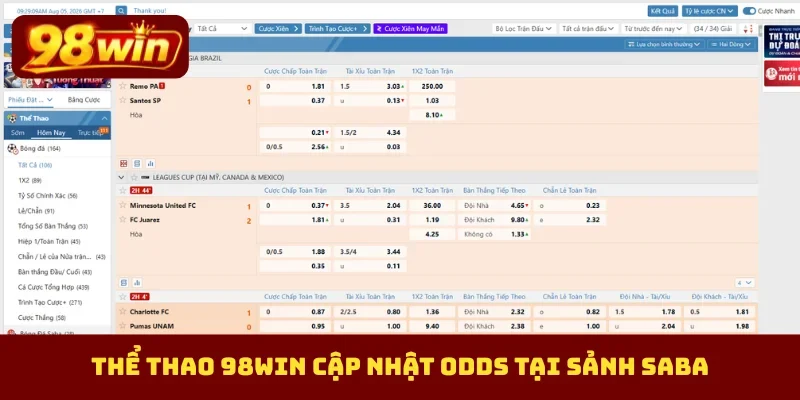 Thể thao 98Win cập nhật odds tại sảnh Saba